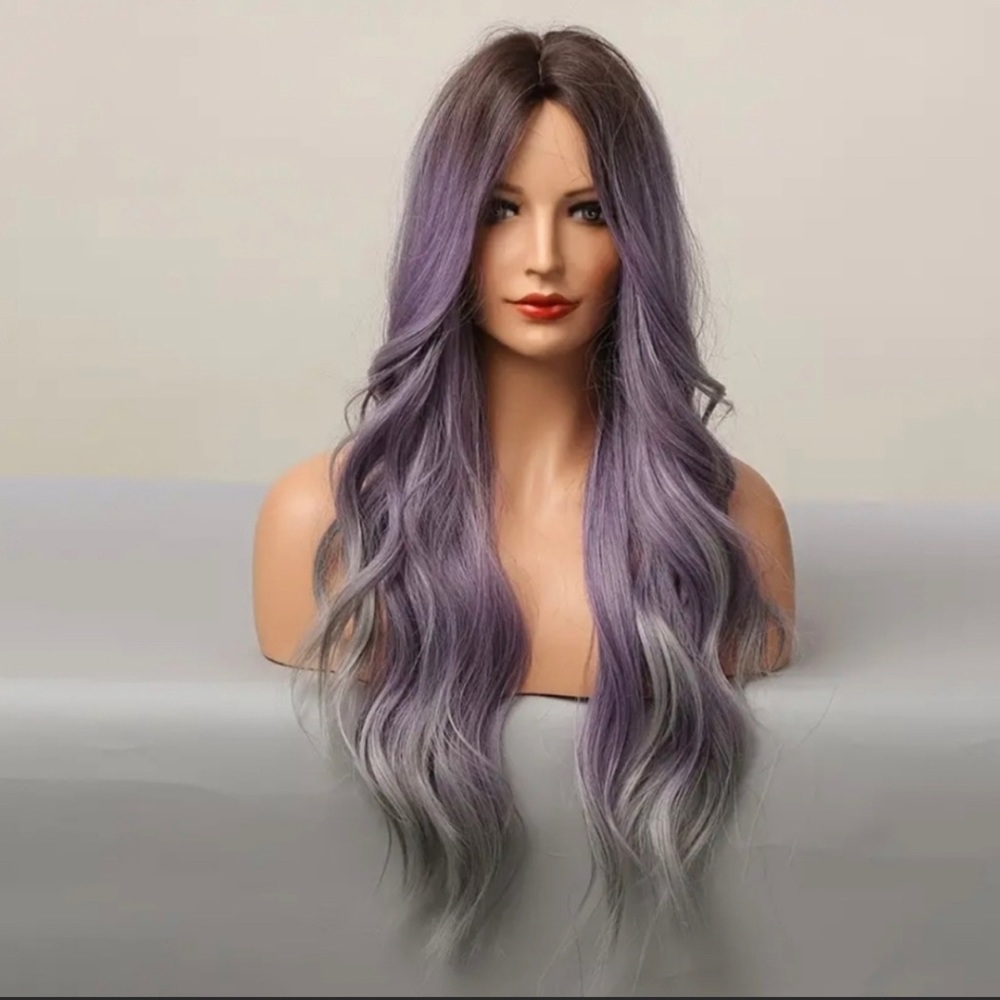 Long Wavy Ombre Purple Wigs Middle Part Colored Wigs Heat Resistant 26”